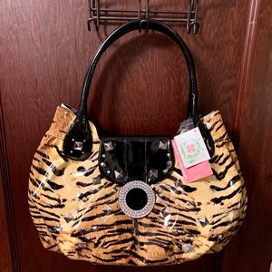NEW Charm and Luck Patent Leather Animal Tiger Print Bag w/Wallet